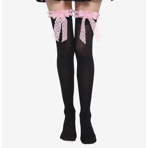 Black tights with pink lace trim and bow